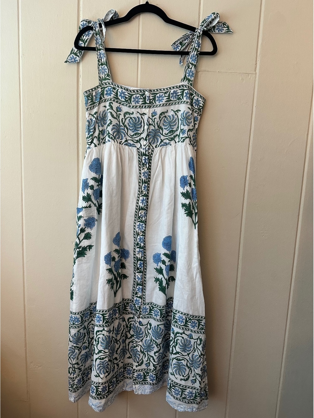 Juliet Dunn Poppy Blue Block Print Tie Shoulder Midi Dress Cotton Size 1 Small